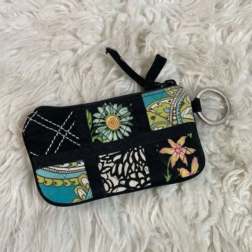 VERA BRADLEY Coin Purse Keychain Quilted Floral Zip Closure Black Multicolor 3”